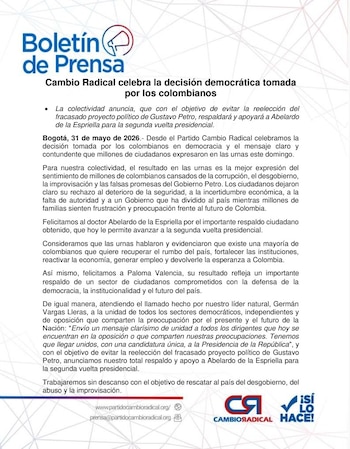 La colectividad fijó posición mediante un comunicado oficial en el que expuso su lectura del escenario político y del comportamiento del electorado - crédito @PCambioRadical/X