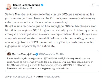 Cecilia López afirmó que gestionar tierras no equivale a entregar predios y rechazó balances de 300.000, 700.000 y 2,5 millones de hectáreas - crédito @CeciliaLopezM/X
