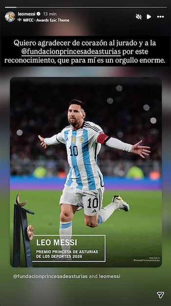 La estrella del fútbol Lionel Messi, vestido con el uniforme de Argentina, agradece emocionado el Premio Princesa de Asturias de los Deportes 2026, destacando su enorme orgullo.