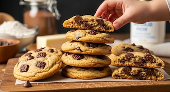Una pila de galletas con chispas de chocolate sobre una tabla de madera. Una mano toma una galleta partida a la mitad. Harina, cacao y mantequilla en el fondo.