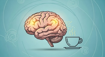 Ilustración de un cerebro humano con zonas brillantes y ondas de energía amarilla conectadas a una taza de café humeante, sobre un fondo azul claro.