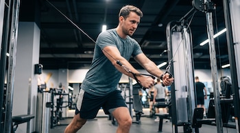 Un hombre ejercita con una máquina de cables en un gimnasio con otras personas y equipo de entrenamiento en el fondo.