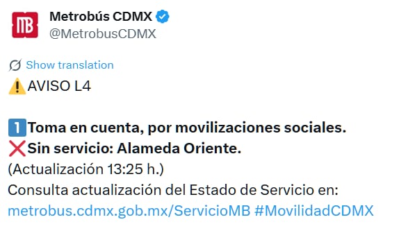 Avance en tiempo real de las diversas líneas de la red de transporte público capitalino. (TW MB CDMX)