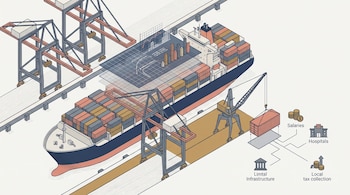 Dibujo isométrico de un buque portacontenedores en un muelle con grúas, gráficos estadísticos y un diagrama de distribución económica.
