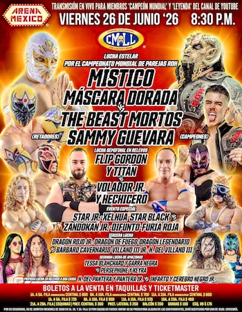 La Arena México recibe a Místico y Máscara Dorada en la función estelar del Viernes Espectacular, donde buscan conquistar el Campeonato Mundial de Parejas de ROH.