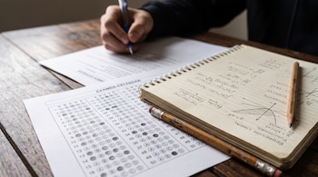 Hoja de examen con círculos marcados, cuaderno abierto con ecuaciones algebraicas y gráficos, lápiz y una mano con bolígrafo.