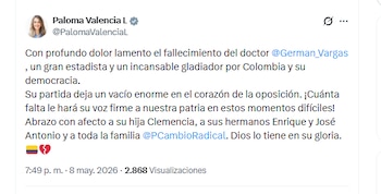 La candidata presidencial Paloma Valencia lamentó el fallecimiento de Germán Vargas Lleras - crédito @PalomaValenciaL/X