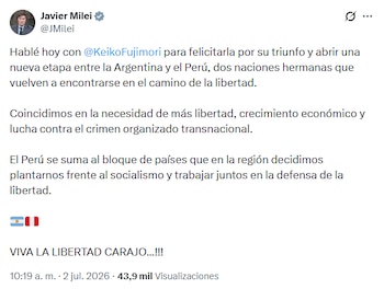 Javier Milei felicitó a Keiko Fujimori