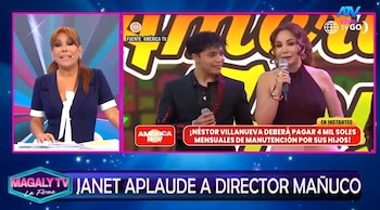 Captura de pantalla dividida de un programa de televisión con Magaly Medina a la izquierda y Janet Barboza a la derecha