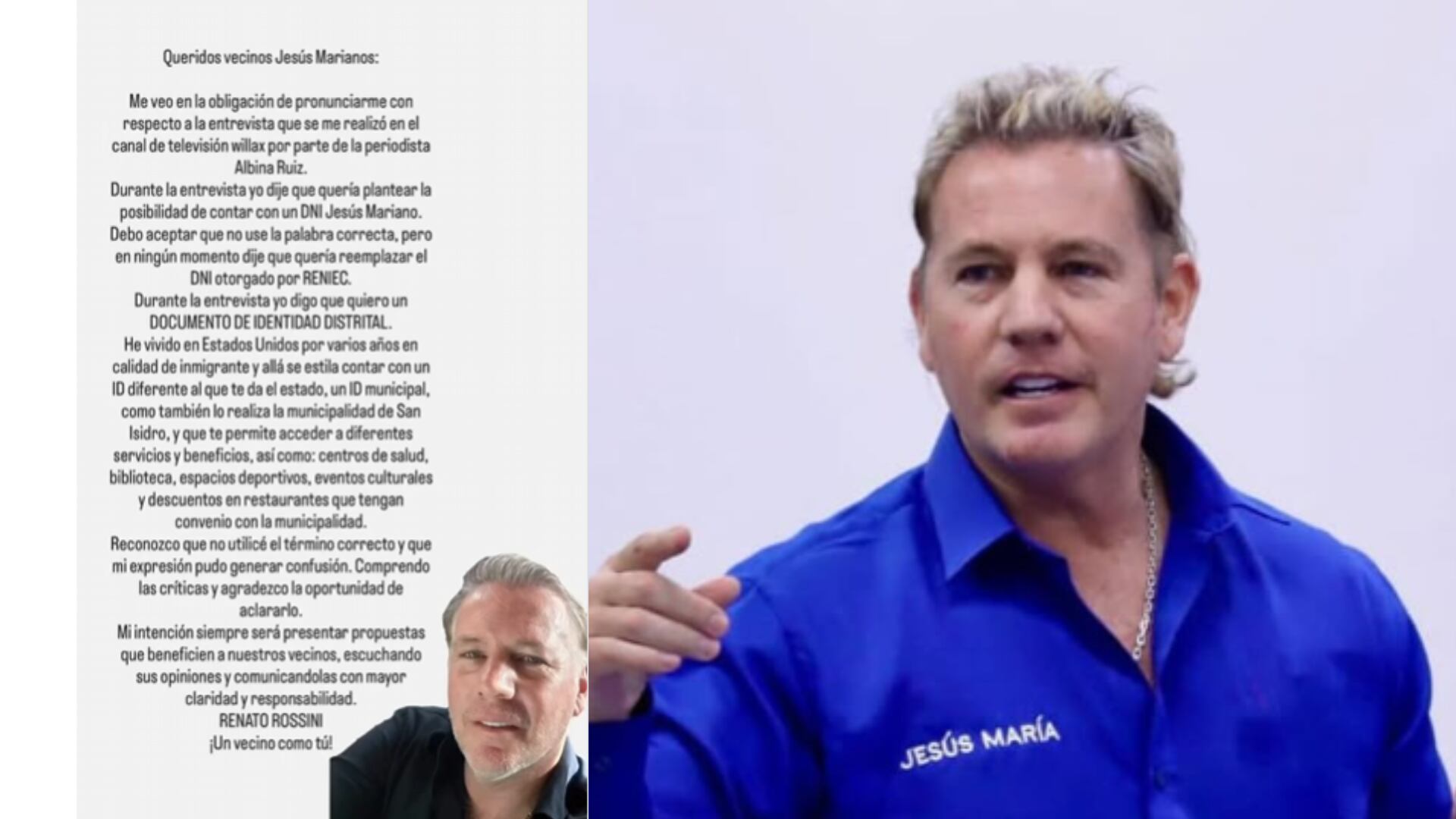 Renato Rossini se defiende de las burlas y aclara su propuesta de DNI exclusivo para vecinos de Jesús María: “No usé la palabra correcta”