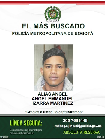 El nombre de Ángel Emmanuel Izarra Martínez figuraba en el cartel de los más buscados de la Mebog, donde era señalado por su presunta participación en delitos de alto impacto - crédito Policía Metropolitana de Bogotá