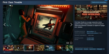 Captura de pantalla de la interfaz de Steam para el juego First Class Trouble, con una imagen de juego, texto descriptivo y etiquetas