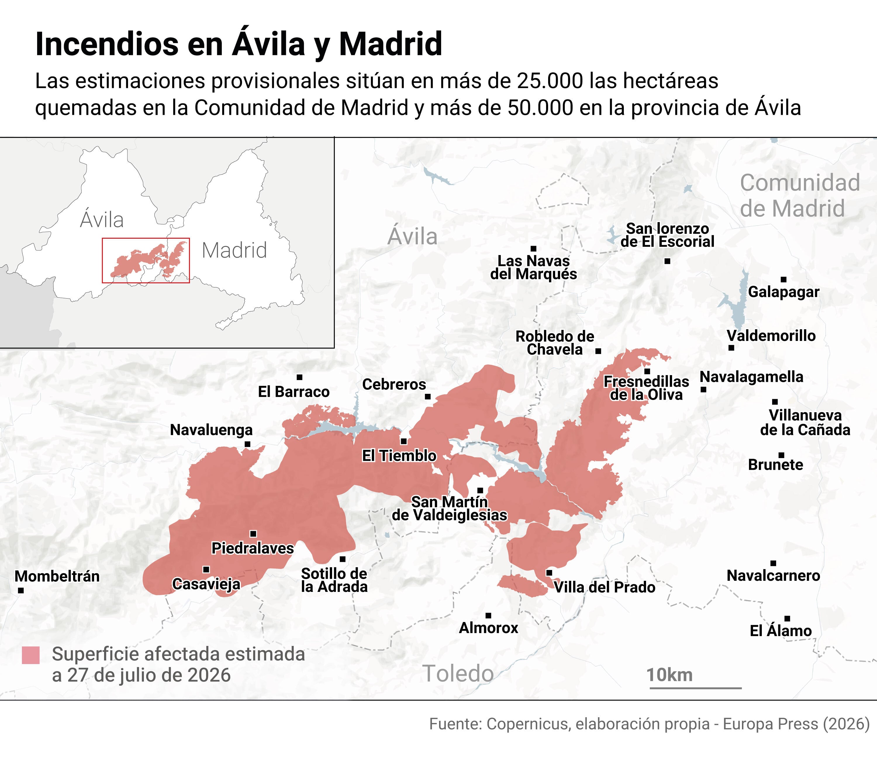 Mapa con superficie afectada por los incendios en Madrid y Ávila. (Europa Press)