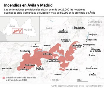 Mapa con superficie afectada por los incendios en Madrid y Ávila. (Europa Press)