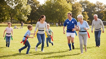 Siete personas, incluyendo dos hombres, dos mujeres y tres niños, corren sobre césped en un parque, con cinturones de banderas y un balón de rugby.