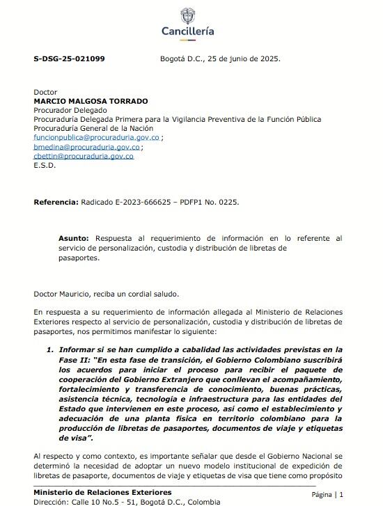 Comunicado oficial de la Cancillería sobre pasaportes colombianso - crédito Cancillería
