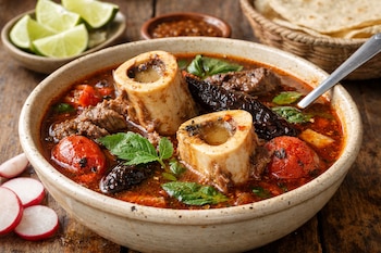 Un tazón de caldo de res con médula ósea, carne, jitomates asados, chiles chipotle y epazote. Alrededor hay limones, rabanitos, salsa y tortillas.