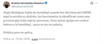 Este fue el segundo mensaje que compartió Hernández desde su cuenta de X, y que provocó la réplica por parte del periodista - crédito @AndresCamiloHR/X