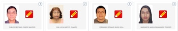 Cuatro fotografías tipo carnet de candidatos: dos hombres y dos mujeres. Cada foto está en un recuadro blanco con un icono de lápiz rojo
