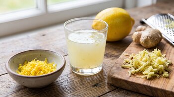 Un vaso de jugo de limón y jengibre junto a un limón entero, jengibre rallado, una raíz de jengibre, ralladura de limón en un cuenco y un rallador sobre una mesa de madera.