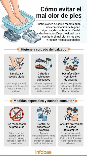 Infografía sobre cómo evitar el mal olor de pies, mostrando pies en remojo, calzado deportivo, iconos de higiene, desinfección, control de sudor y consulta médica.