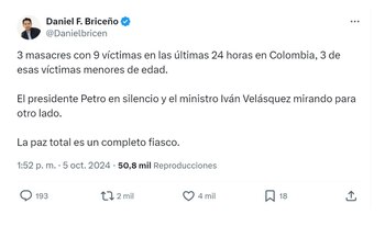 Daniel Briceño se mostró indignado por masacres en Colombia