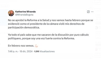 Katherine Miranda criticó la gestión del presidente de la Cámara durante las sesiones y advirtió que seguirá oponiéndose a la reforma en febrero - crédito @MirandaBogota/X