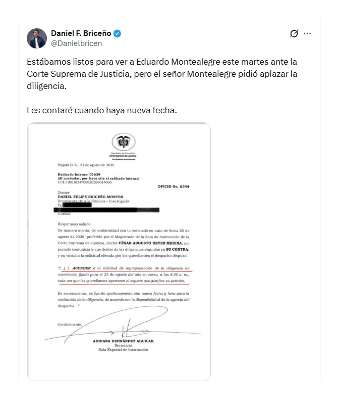 Con este mensaje en sus redes sociales, el representante Daniel Briceño confirmó el aplazamiento de la audiencia con el exfiscal Eduardo Montealegre - crédito @danielbricen/X