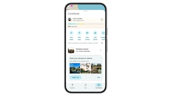 Una pantalla de smartphone mostrando la aplicación Google Maps con la sección "Contribuir", opciones para editar el mapa y añadir fotos