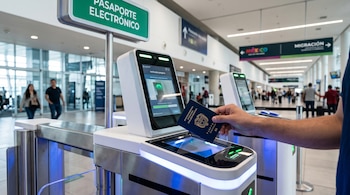 Una mano sostiene un pasaporte azul sobre el escáner de una puerta electrónica de acceso en la terminal de un aeropuerto.