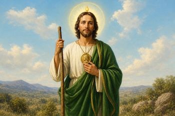 Pintura de un hombre con barba, túnica blanca, manto verde, vara de madera, medallón en el pecho y un halo luminoso sobre un paisaje natural.