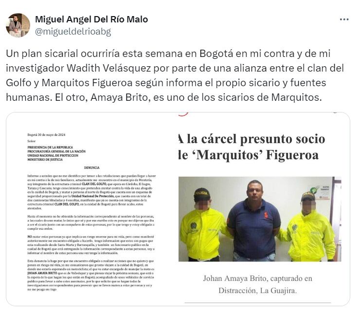 A través de su cuenta, el abogado Del Río denunció un presunto ataque en su contra - crédito @migueldelrioabg/X