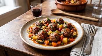 Plato con albóndigas, verduras y salsa, acompañado por un tenedor, un vaso de vino y una cazuela sobre una mesa de madera.