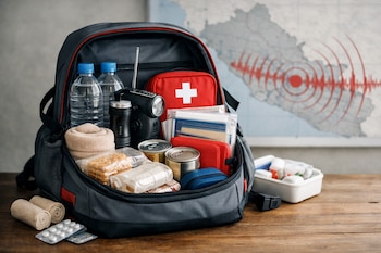 Mochila de emergencia abierta con botellas de agua, linterna, radio, botiquín, documentos, alimentos, vendas y pastillas sobre una mesa de madera. Mapa al fondo.