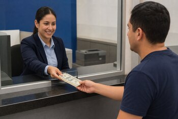 Una cajera le entrega billetes de dólar estadounidense a un hombre a través de una ventanilla de vidrio.