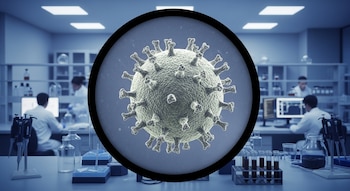 Ilustración de un virus respiratorio visto en un círculo que simula un microscopio, con científicos difuminados trabajando en un laboratorio al fondo.