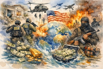 Pintura en acuarela: agentes DEA y FBI, helicóptero, bandera de EEUU, globo, dinero, oro, terrorista encapuchado con AK-47 y explosivos en entorno bélico.