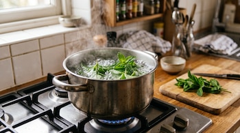 Una olla metálica en una cocina de gas hierve agua con menta junto a una tabla de madera con hojas y un cuchillo.