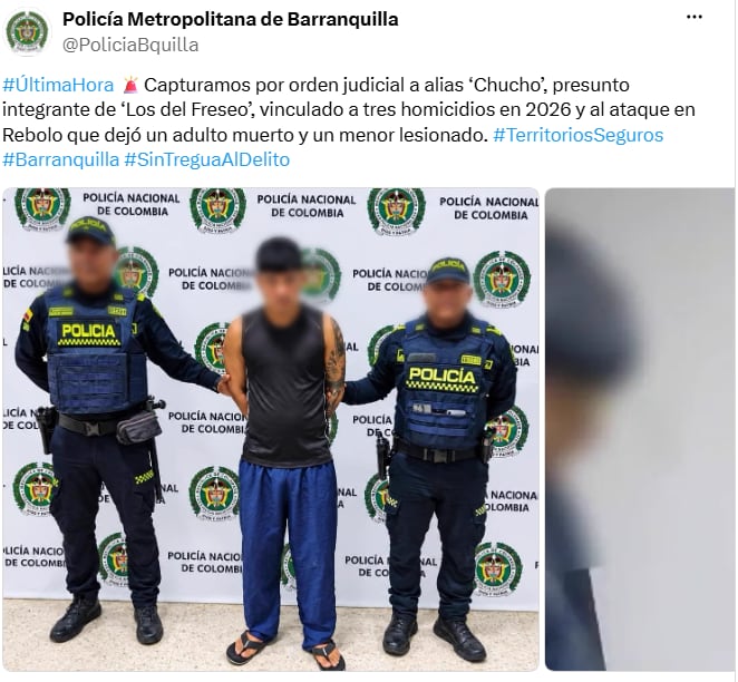 Policía vinculó a joven de 19 años con asesinato que dejó un menor herido en Rebolo - crédito Policía Metropolitana de Barranquilla/X
