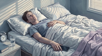 Persona en una cama mirando hacia el techo, con un teléfono celular en la mano y un reloj despertador sobre la mesa de noche.