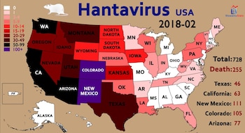 Imagen compartida por el profesor José Luis Jiménez en redes sociales sobre los casos de hantavirus en EEUU entre 2018 y 2022.