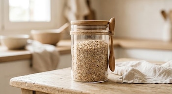 Frasco de vidrio transparente con copos de avena, tapa de madera y una cuchara atada, sobre una mesa de madera