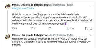 La CUT rechazó la primera propuesta del Gobierno sobre el aumento del salario para empleados públicos - crédito @cutcolombia/X