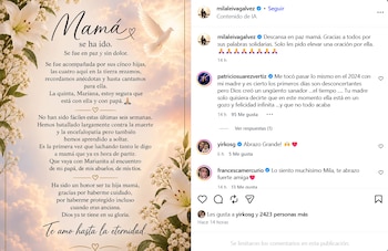 Captura de pantalla de una publicación de Instagram con un texto de despedida decorado con flores y una paloma blanca, junto a comentarios