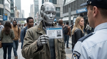 Robot humanoide plateado con chaqueta sosteniendo una tarjeta de identificación que dice "A.R.I.A." frente a un oficial de seguridad, en una calle urbana con transeúntes y edificios.