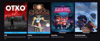 Cuatro portadas de videojuegos: Otxo con personaje en traje y mansión; Sol Cesto con guerrero y linterna; Beacon Pines con animales; We Were Here Together con exploradores