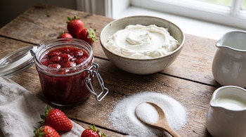 Tarro de mermelada de frutilla, bol de crema batida, frutillas frescas, azúcar granulada con cuchara de madera, dos jarras de cerámica sobre mesa de madera.