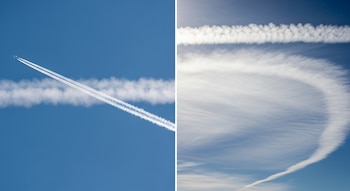 Imagen dividida verticalmente con dos escenas de cielo azul; a la izquierda, un avión deja una estela fina, a la derecha, una estela se ha expandido en una nube densa.