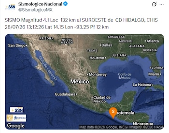 Sismo de magnitud 4.1 en Ciudad Hidalgo, Chiapas este 28 de julio. (X/ @SismologicoMX)