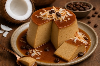 Un flan de caramelo cortado en un plato con salsa, granos de café y virutas de coco, junto a medio coco y un recipiente con café.